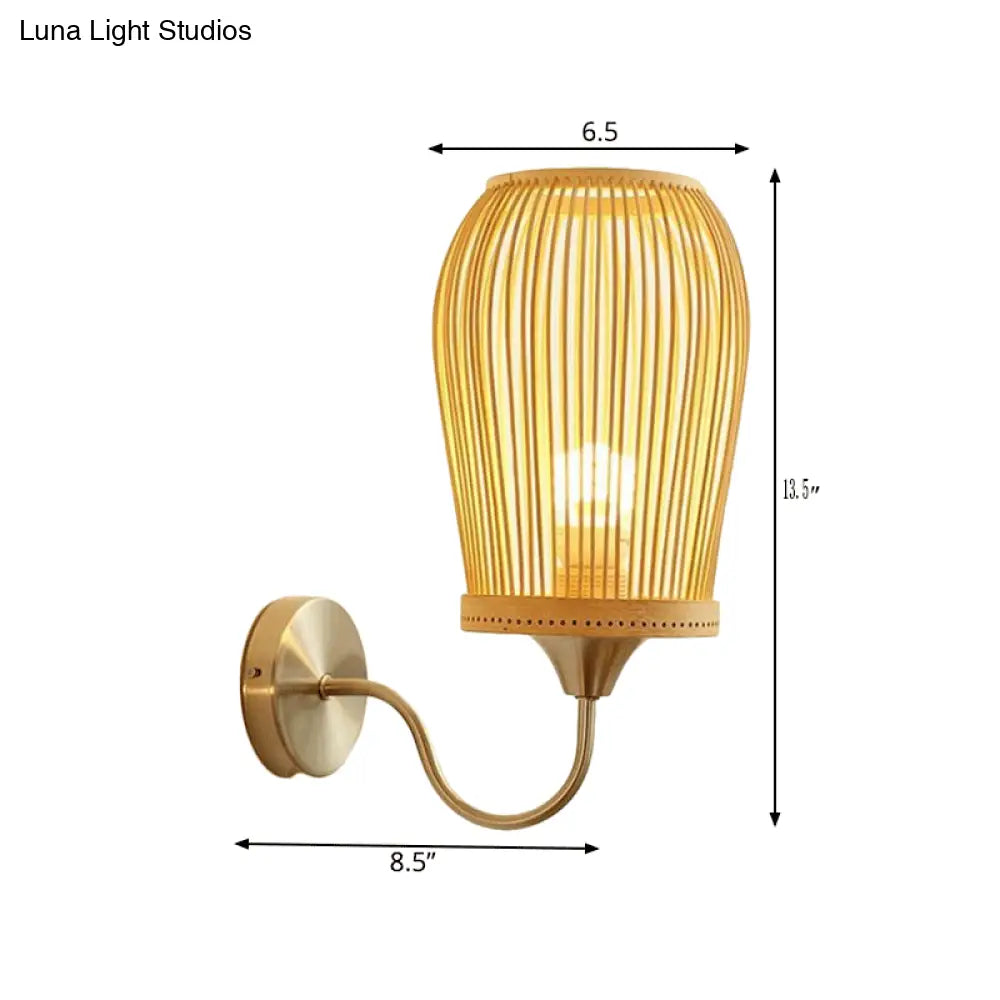 Modern Bamboo Hand-Woven Wall Sconce With Metal Gooseneck Arm - Beige 1-Light Mount Lamp