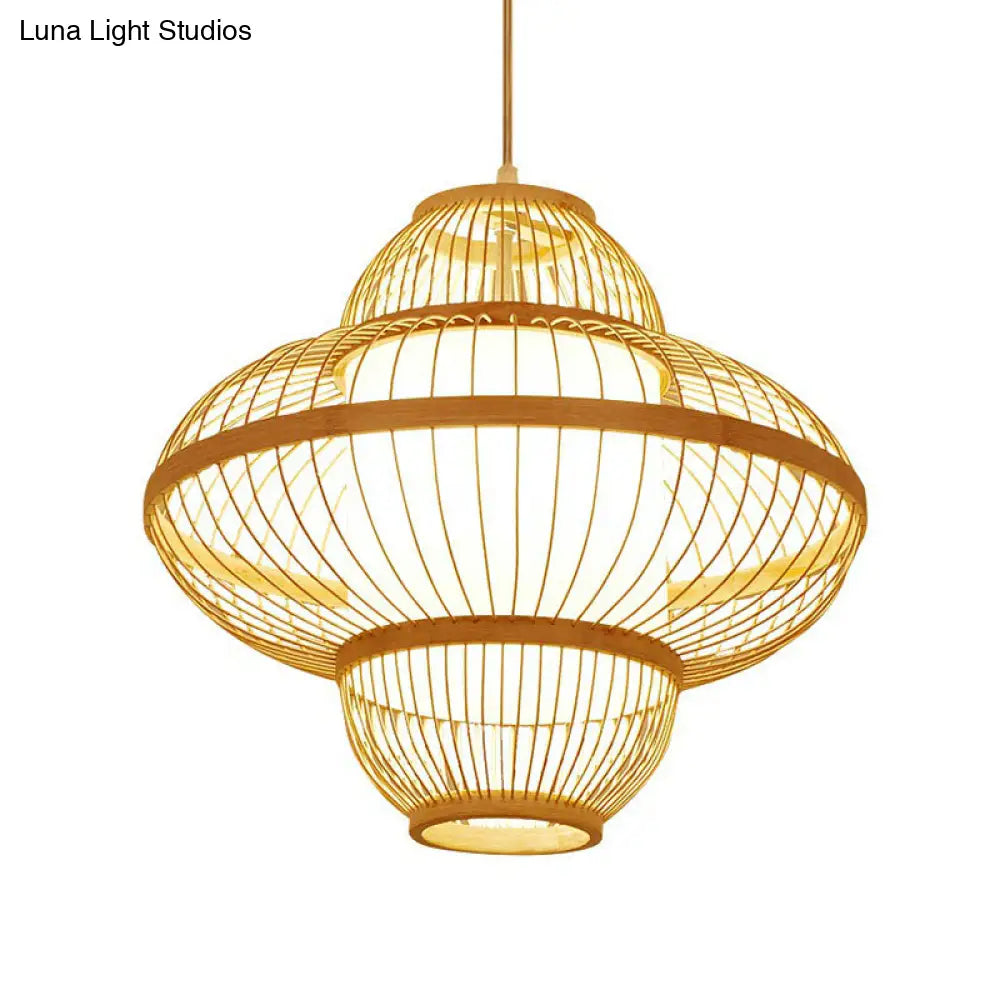 Modern Bamboo Lantern Pendant Light For Restaurants - Single Wood Hanging Ceiling Fixture