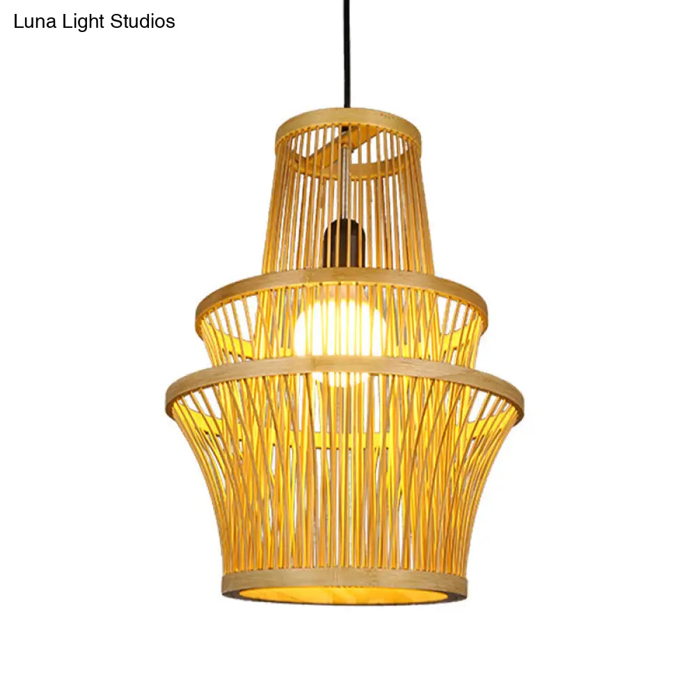 Modern Bamboo Pendant Light - Beige Symmetrical Hanging Lamp