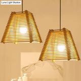 Modern Bamboo Pendant Light With Natural Wood Finish And White Glass Shade