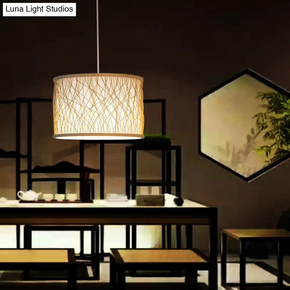 Modern Bamboo Pendant Lighting With Cylindrical Design - Wood Fixture 1 Bulb Hanging Light