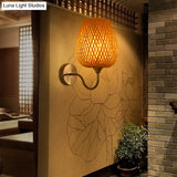 Modern Bamboo Wall Sconce With Wood Fixture And Curved Metal Arm