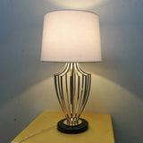 Modern Barrel Table Lamp - Minimalistic Fabric Shade 11/14 Width One Head Black/White Urn Cage Base