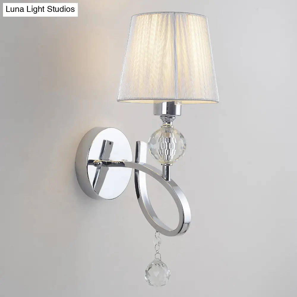 Modern Bedroom Wall Sconce: Cone Shade Fabric 1-Head Light With Clear Crystal Ball Deco - Silver
