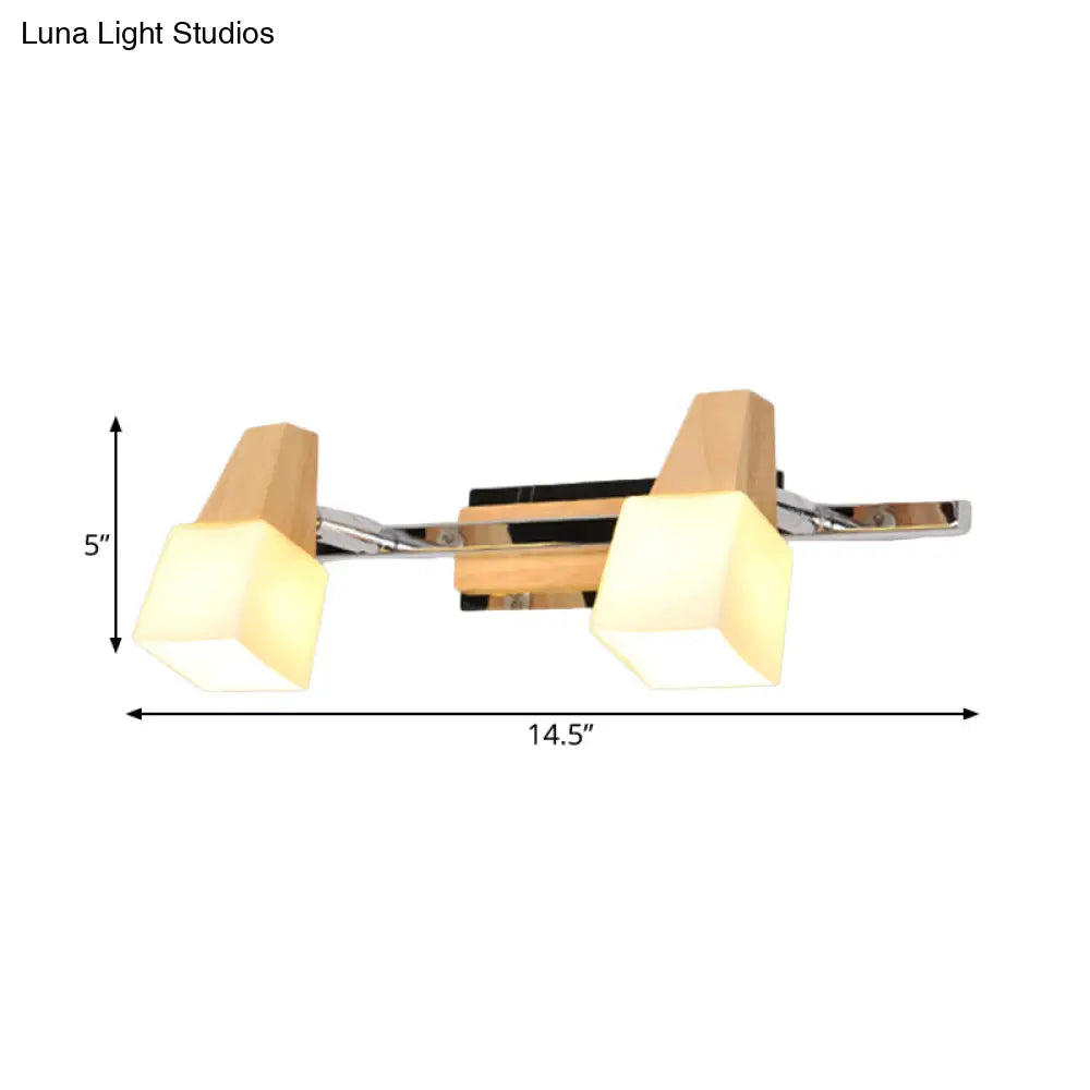 Modern Beige Cube Vanity Light Fixture With 2-Light Milk White Glass Shade Wall Mount Lamp