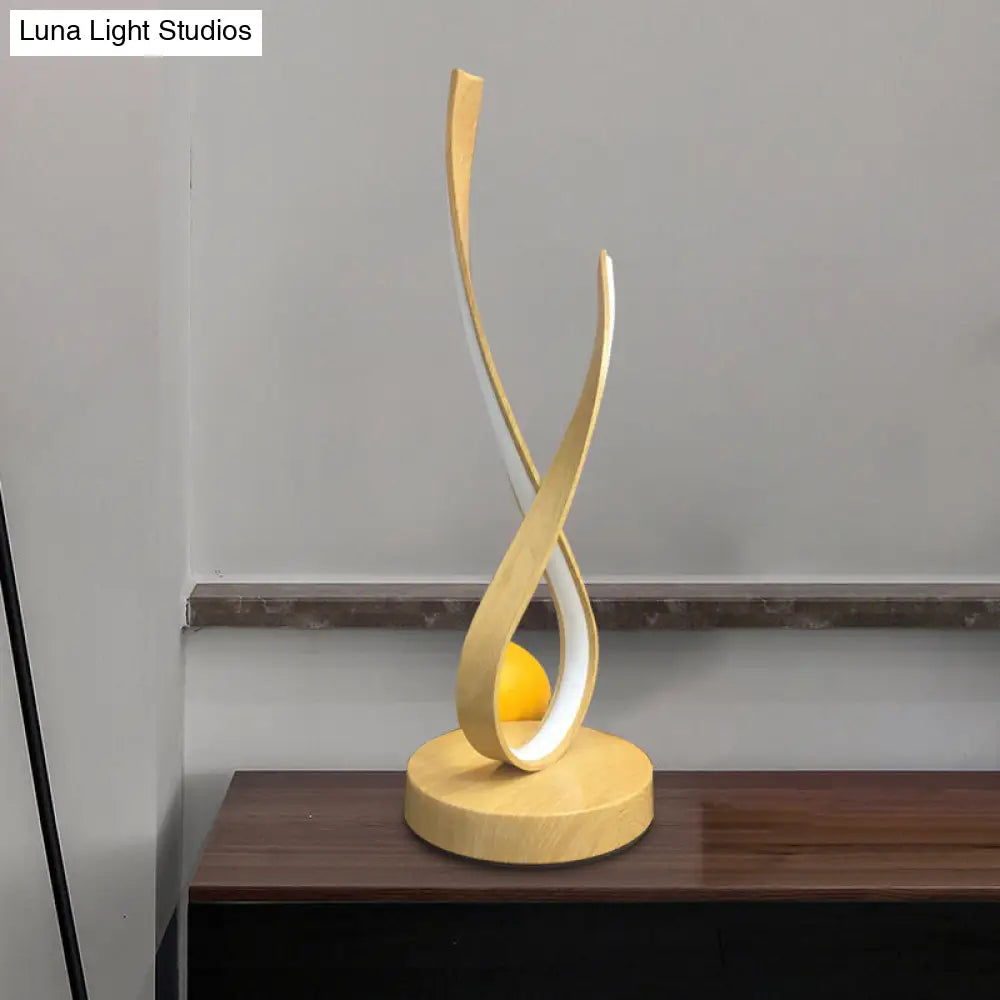 Modern Beige Finish Twisted Desk Lamp With Led Acrylic Nightstand Lighting Wooden Base