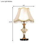 Modern Beige Paneled Bell Nightstand Lamp With Faceted Crystal And Vase-Shaped Base