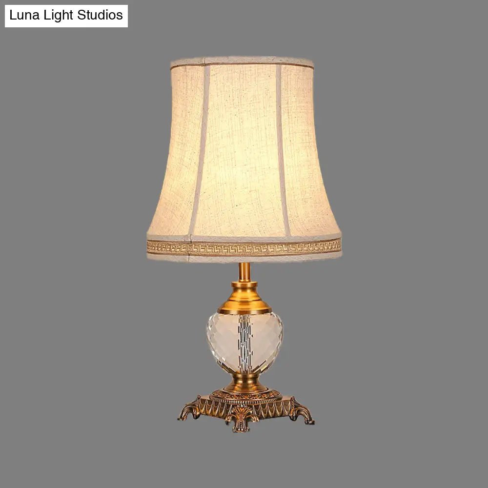 Modern Bell Fabric Table Lamp With Carved Bronze Metallic Base - Beige