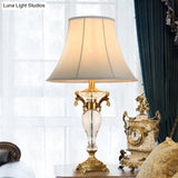 Modern Bell Study Lamp: White Fabric Shade Carved Brass Base 1 Bulb Task Light
