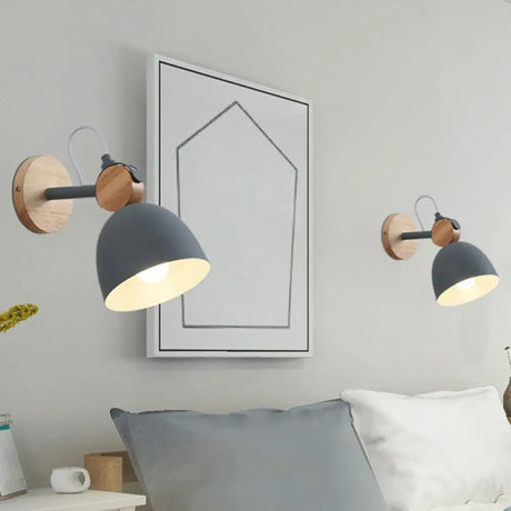 Modern Bell Wall Light With Wooden Backplate For Single-Bulb Bedroom Mounting Grey