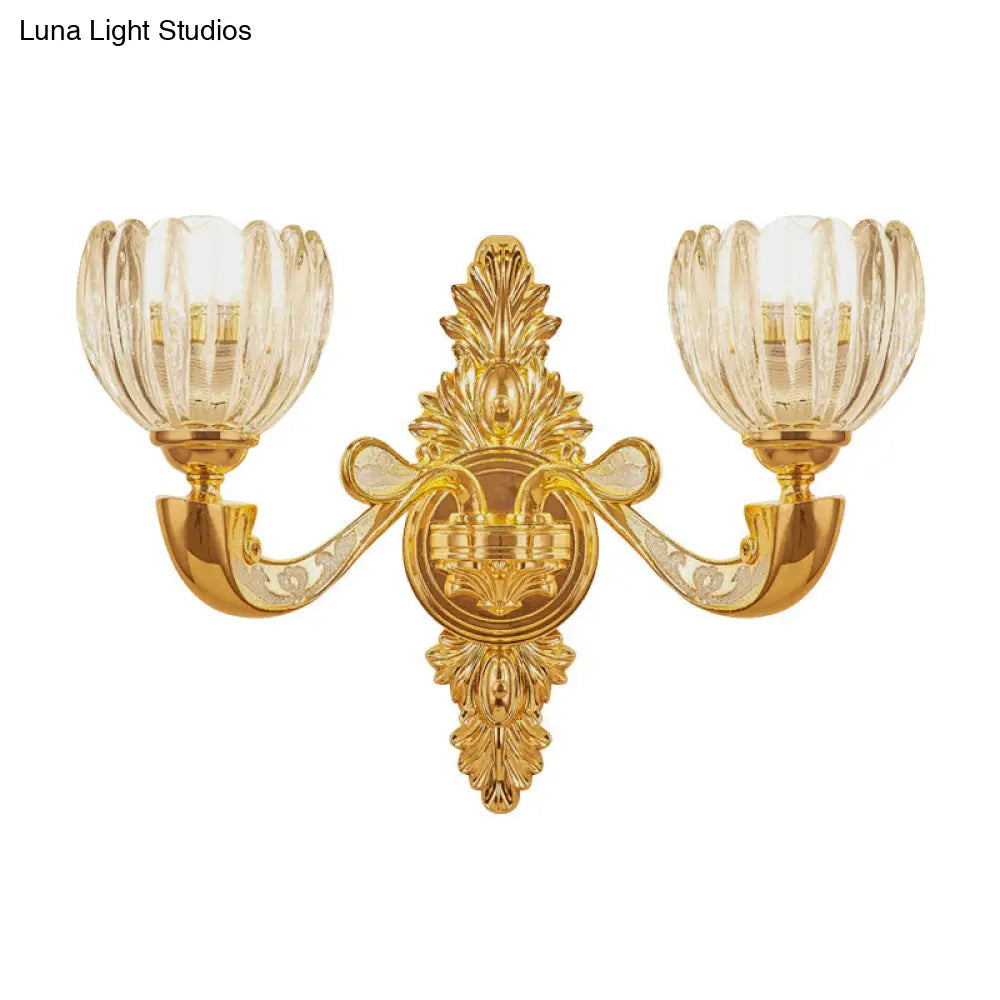 Modern Beveled Crystal Dome Sconce Light Fixture: Gold 1/2-Bulb Wall Lamp For The Bedroom