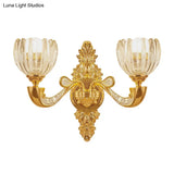 Modern Beveled Crystal Dome Sconce Light Fixture: Gold 1/2-Bulb Wall Lamp For The Bedroom