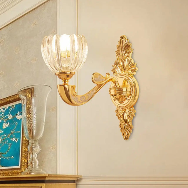 Modern Beveled Crystal Dome Sconce Light Fixture: Gold 1/2-Bulb Wall Lamp For The Bedroom 1 /