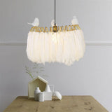 Modern Bird Fabric Drum Pendant Lamp - White 1-Light Hanging For Bedroom / 19.5’