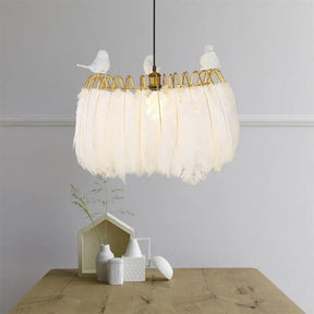 Modern Bird Fabric Drum Pendant Lamp - White 1-Light Hanging For Bedroom / 19.5’