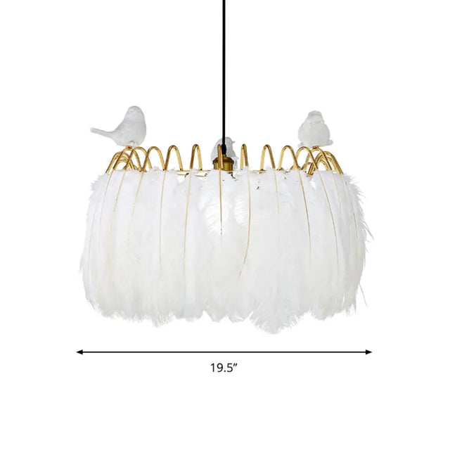 Modern Bird Fabric Drum Pendant With 1 Light For Bedroom