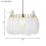 Modern Bird Fabric Drum Pendant Lamp - White 1-Light Hanging For Bedroom