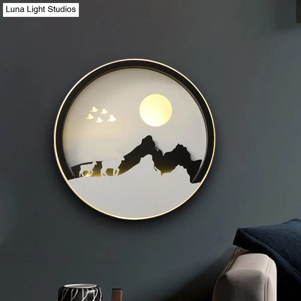 Modern Black Acrylic Led Wall Mount Lamp With Mountain And Sun Pattern For Living Room