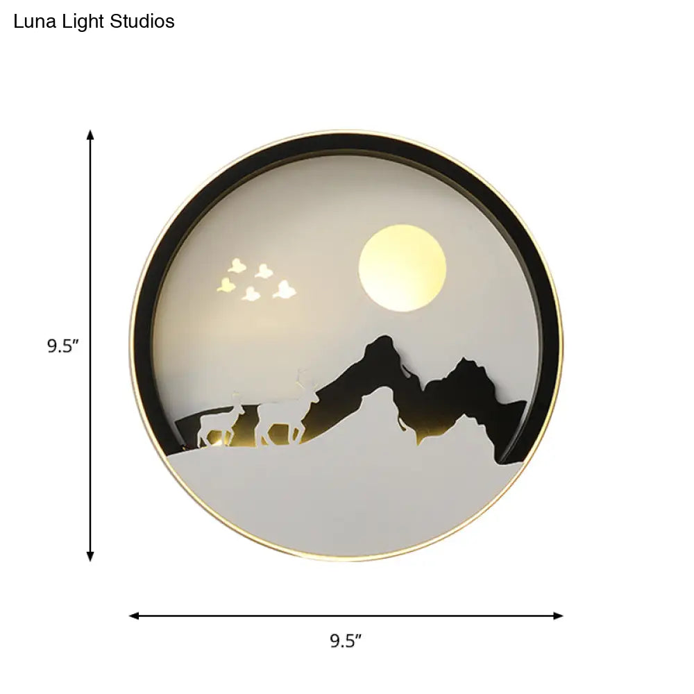 Modern Black Acrylic Led Wall Mount Lamp With Mountain And Sun Pattern For Living Room