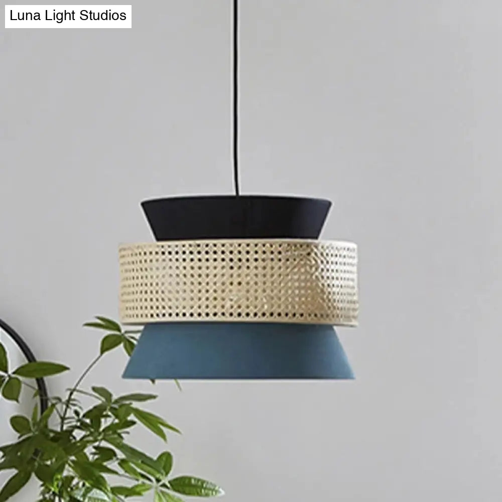 Modern Black And Blue Hourglass Pendant Light With Rattan Detail For Restaurant Ceilings