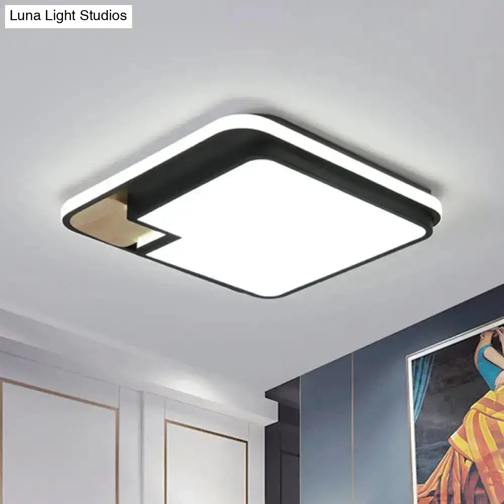 Modern Black And Wood Led Ceiling Light: Acrylic Rectangular/Square Flushmount With Cut Corner