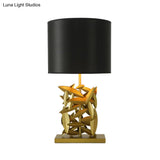 Modern Black Barrel Table Light With Fabric Shade And Gold Metal Base