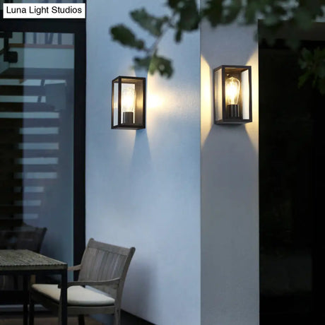 Modern Black Box Patio Wall Sconce - Transparent Glass 1-Bulb Lighting Fixture