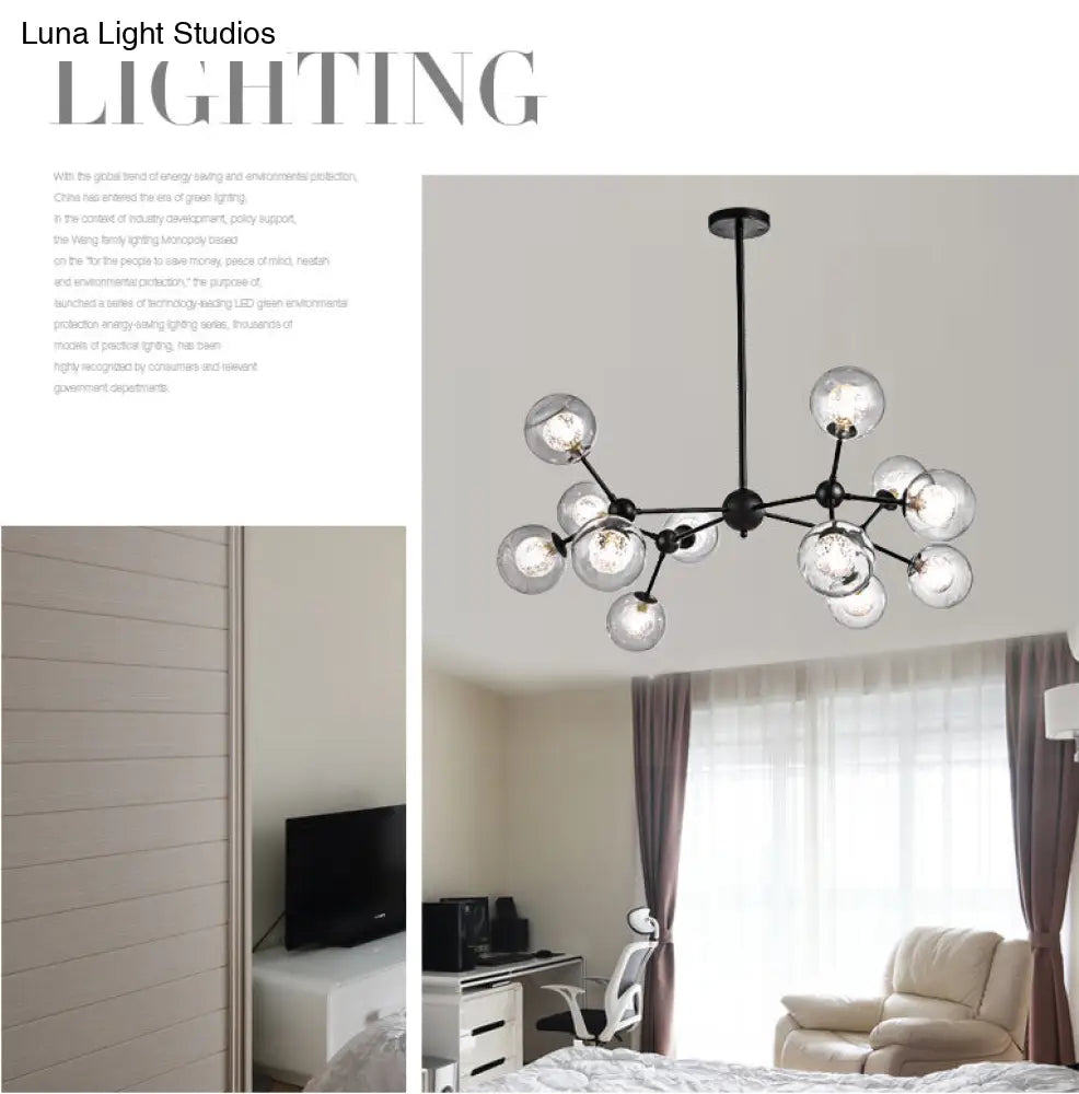 Modern Black Branch Chandelier - Clear Glass Shade Ceiling Light For Living Room