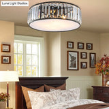 Modern Black/Bronze Flush Mount Bedroom Drum Light With Crystal Block - 12.5’/16.5’ Width