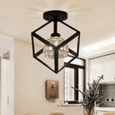 Modern Black Ceiling Light With Crystal Shade And Cubic Frame - Dining Room Semi Flush Mount