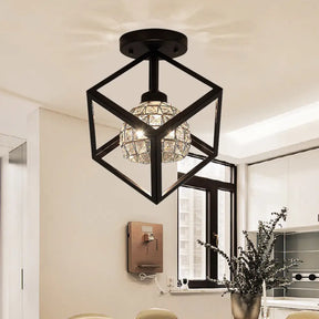 Modern Black Ceiling Light With Crystal Shade And Cubic Frame - Dining Room Semi Flush Mount