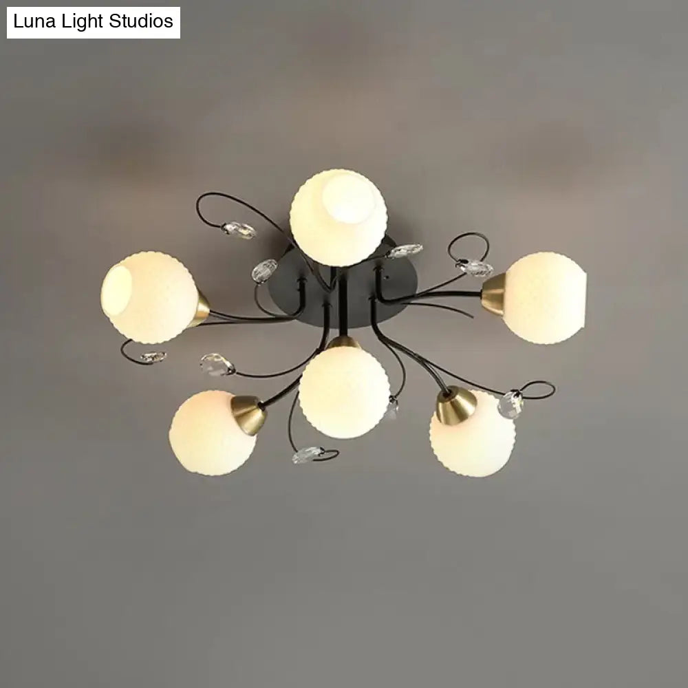 Modern Black Ceiling Light With Opal Glass Shade - 6 Head Semi-Flush Mount For Living Room