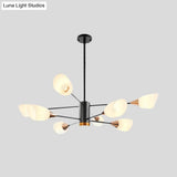 Modern Black Chandelier - 8 Heads Living Room Pendant Light Fixture With Floral Glass Shade