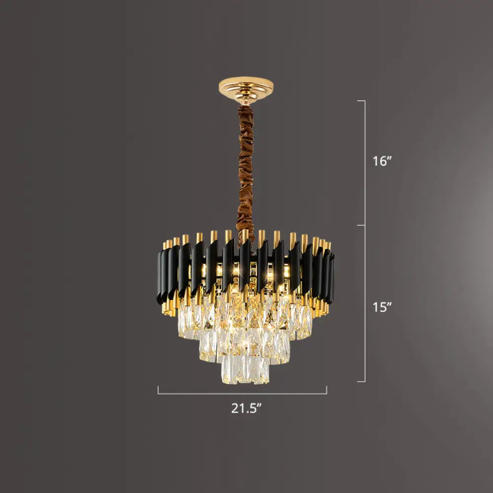 Modern Black Conical Pendant Lamp With Opulent K9 Crystal Prism Chandelier - Perfect For