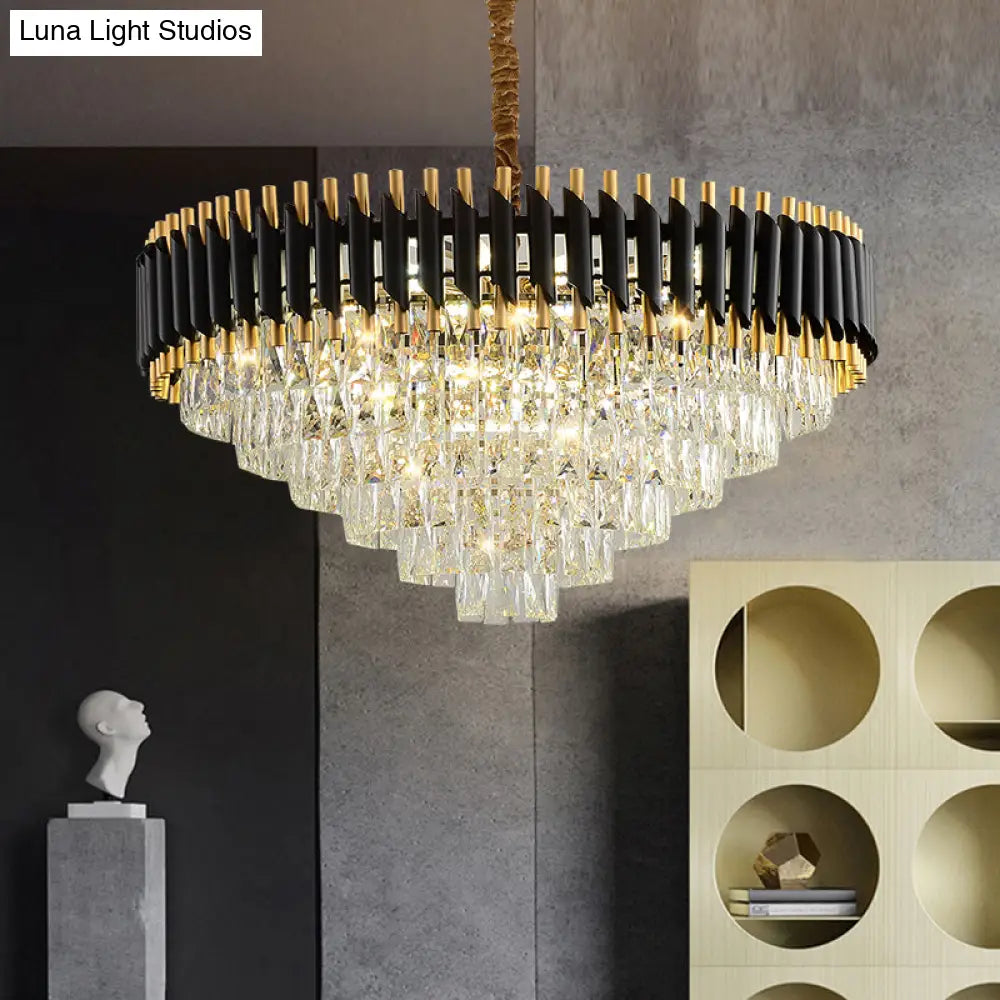 Modern Black Conical Pendant Lamp With Opulent K9 Crystal Prism Chandelier - Perfect For Restaurants