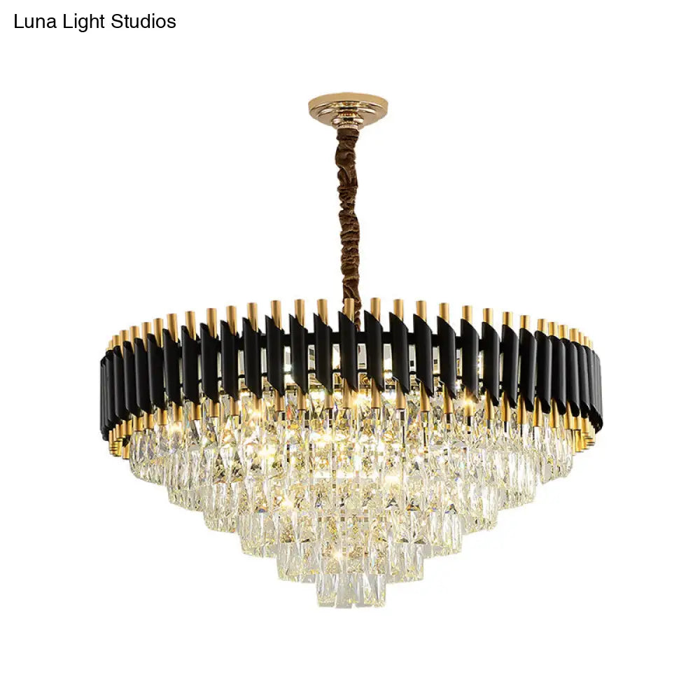 Modern Black Conical Pendant Lamp With Opulent K9 Crystal Prism Chandelier - Perfect For Restaurants