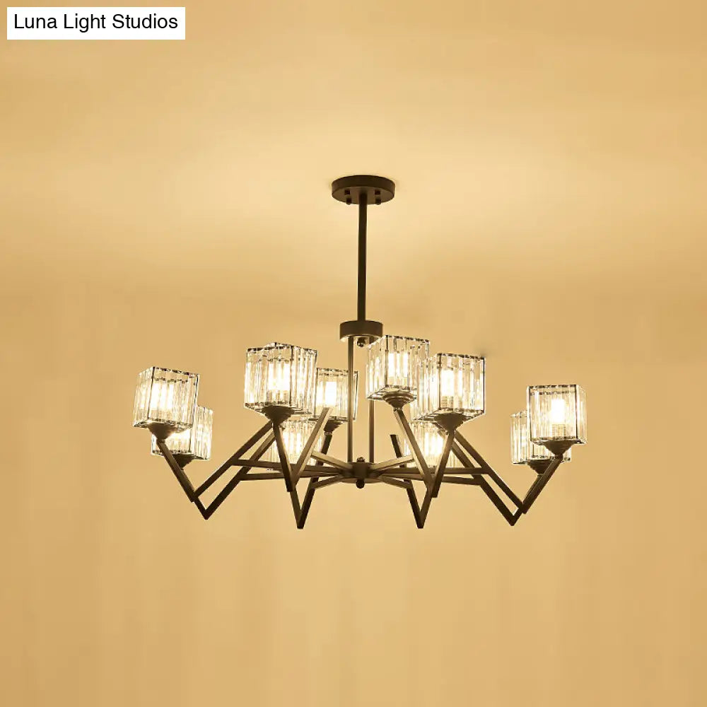 Modern Black Crystal Block Semi Flushmount Ceiling Lamp - 12 Lights V - Like Arm For Living Room