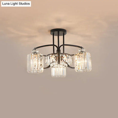 Modern Black Crystal Ceiling Lamp With Clear Cylindrical Shade - Semi Mount 4/8 Heads Dining Room