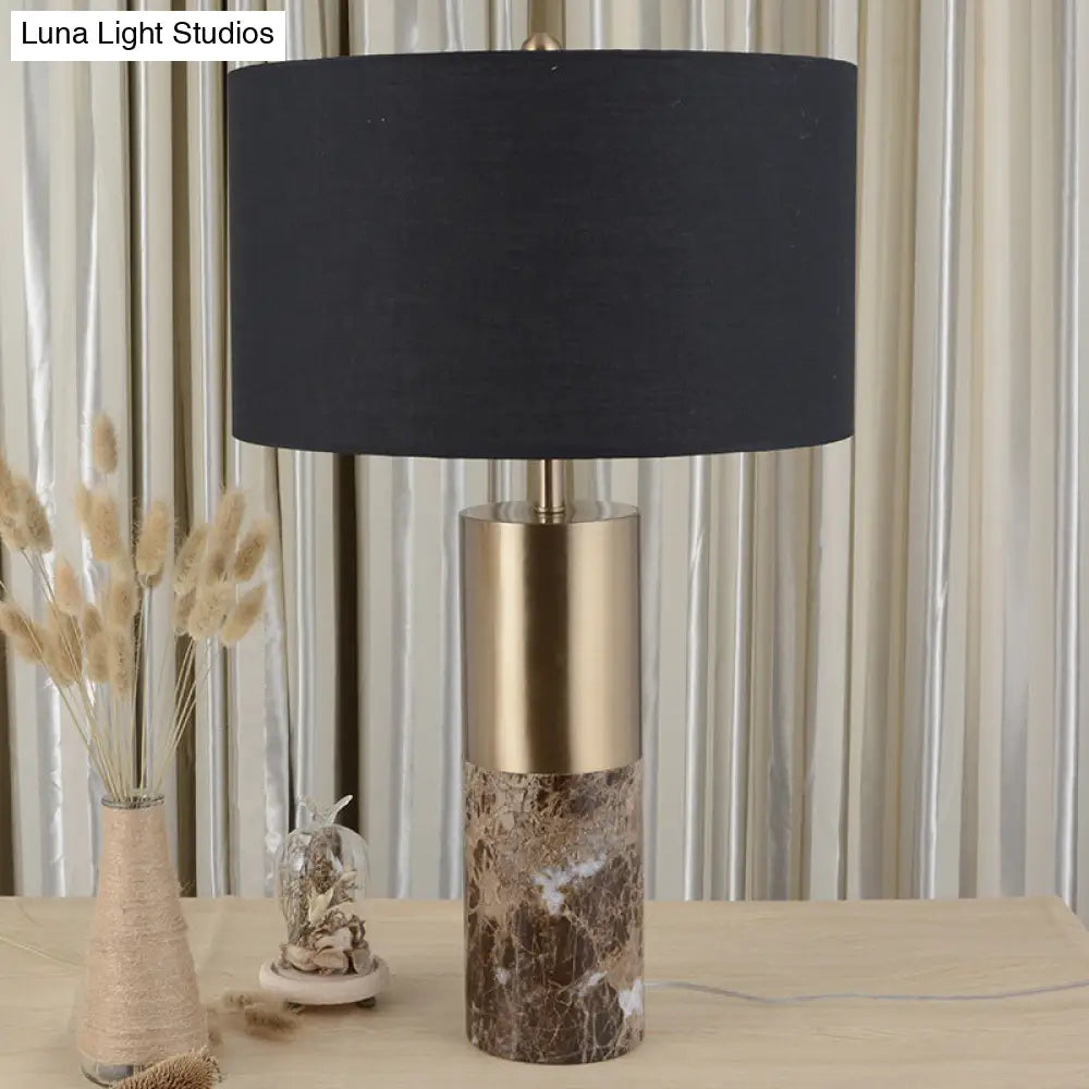Modern Black Cylinder Fabric Table Light With Marble Base