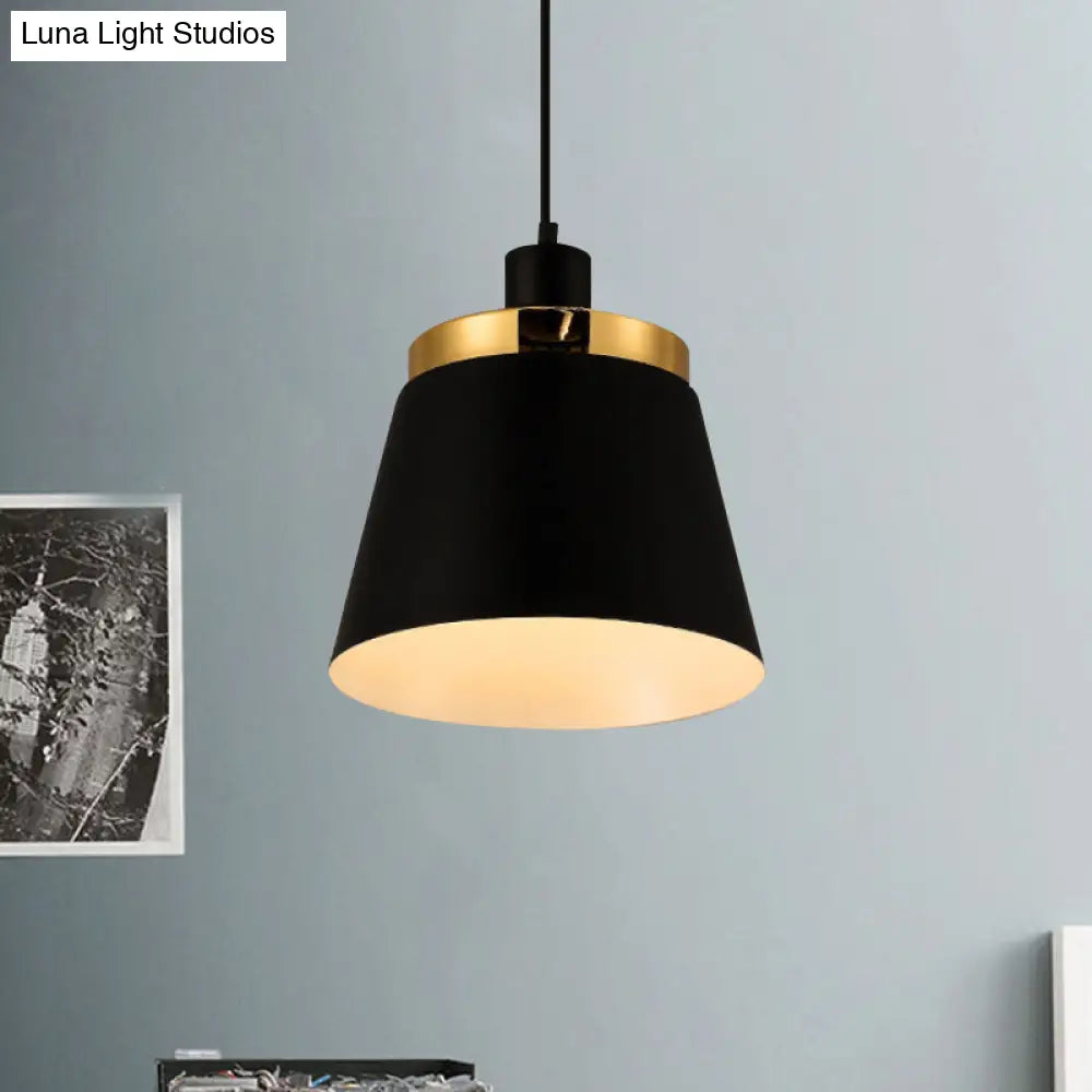 Modern Black Finish Barrel Shade Pendant Lamp - Metallic 1 Light Ceiling Fixture For Bedroom Hanging