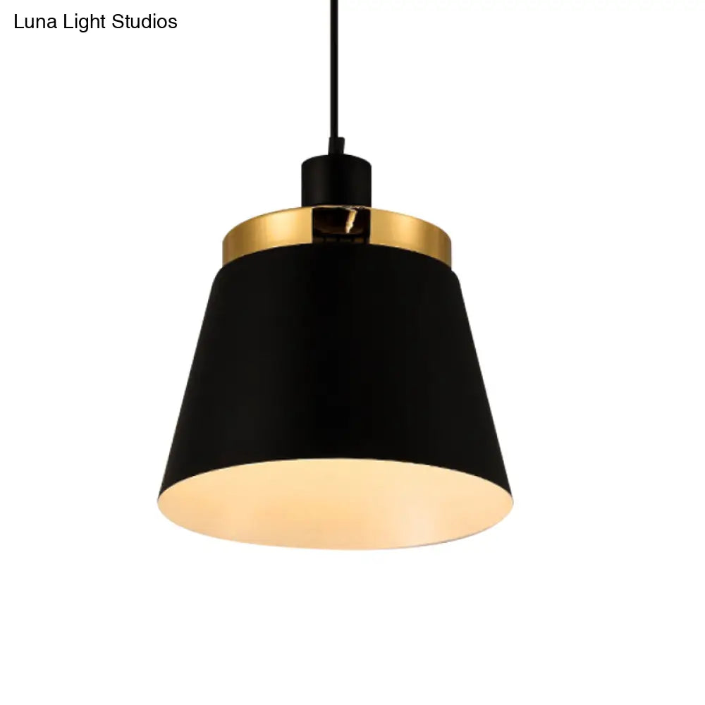 Modern Black Finish Barrel Shade Pendant Lamp - Metallic 1 Light Ceiling Fixture For Bedroom Hanging