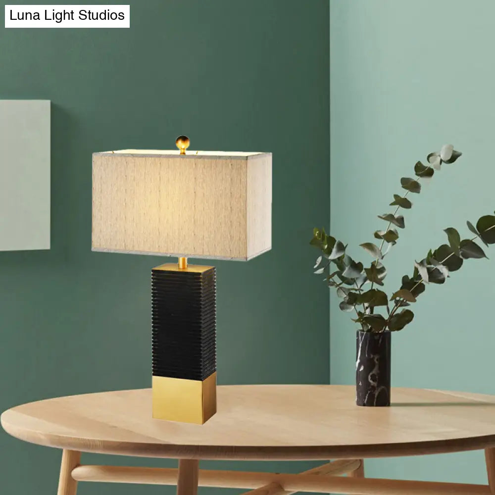 Modern Black Finish Rectangle Table Lamp With Metallic Base And Beige Fabric Shade