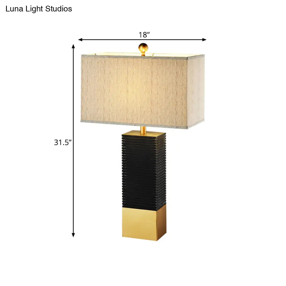 Modern Black Finish Rectangle Table Lamp With Metallic Base And Beige Fabric Shade