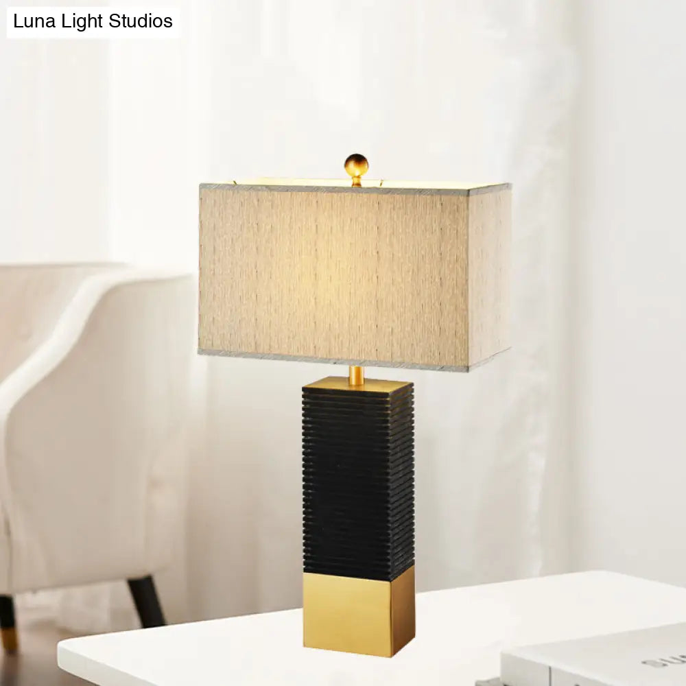 Modern Black Finish Rectangle Table Lamp With Metallic Base And Beige Fabric Shade