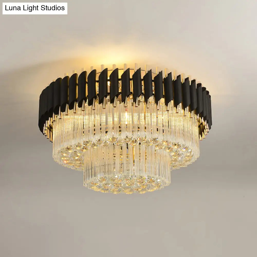 Modern Black Flush Ceiling Light With Clear Dropped Crystals - 4 Heads Tapered Design