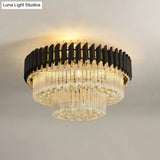 Modern Black Flush Ceiling Light With Clear Dropped Crystals - 4 Heads Tapered Design