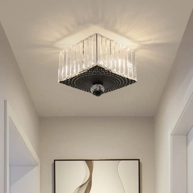 Modern Black Flush Mount Ceiling Light With Dual Heads Clear Crystal Shades For Corridors / Square