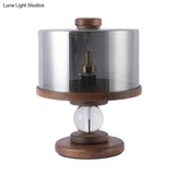 Modern Black Glass Drum Table Lamp With Single Light Brown Wood Base - Perfect For Living Room