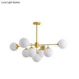 Modern Black/Gold Branch Chandelier - 7/9/11-Light Iron Pendant With White Glass Ball Shade