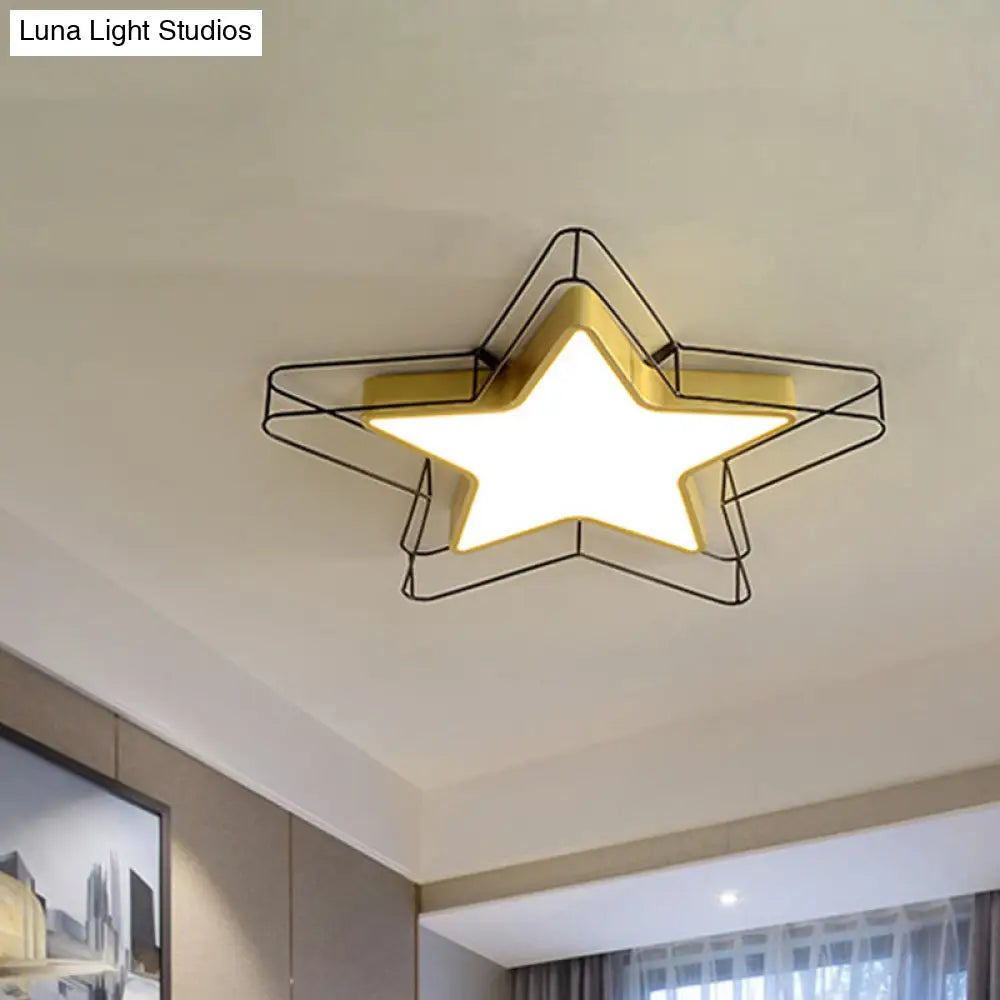 Modern Black/Gold Pentagram Flush Mount Led Ceiling Lamp For Bedrooms With Acrylic Cage Fixture